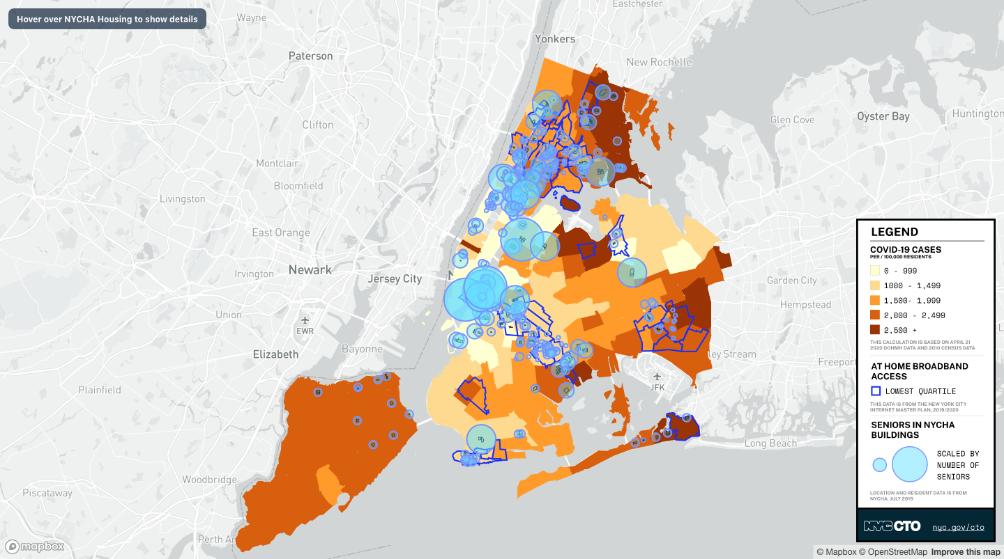 a map of New York City showing C O V I D - 19 rates, broadband access, and population of older adults in N Y C H A housing