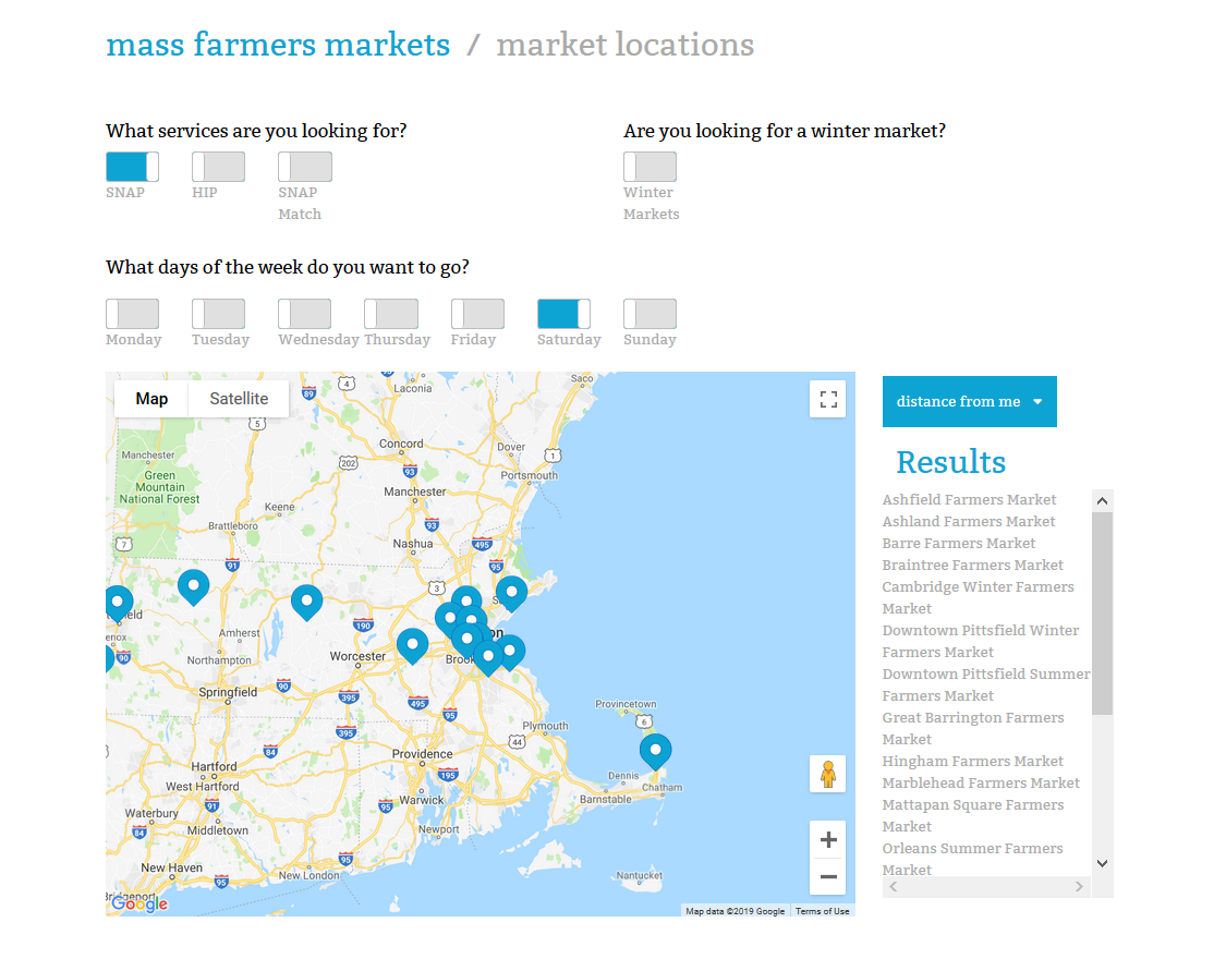 a of a map of Massachusetts with several farmers markets highlighted.
