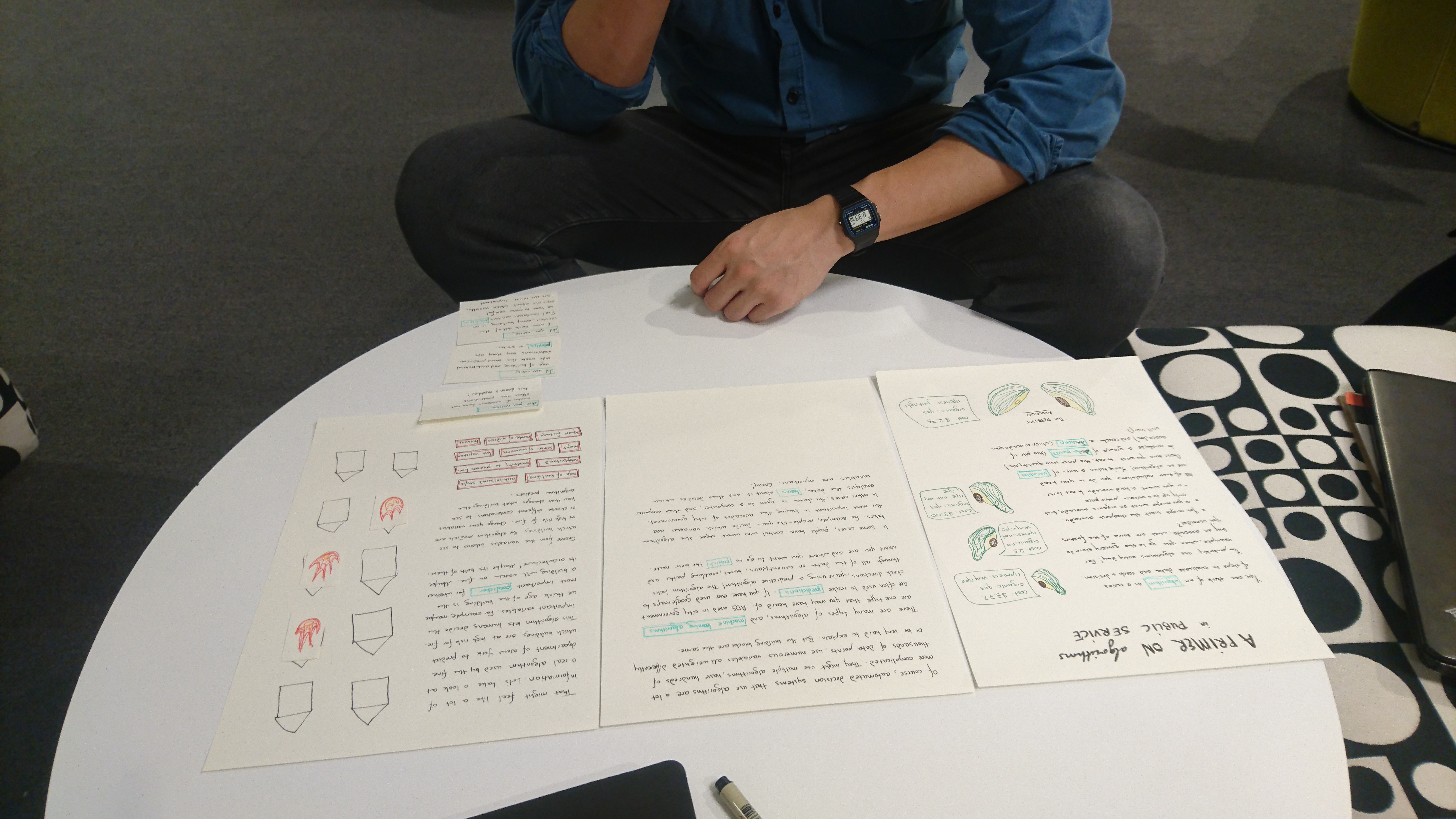 an image of a person sitting in front a table with pieces of paper in front of them. the papers have drawings of avocados on them.