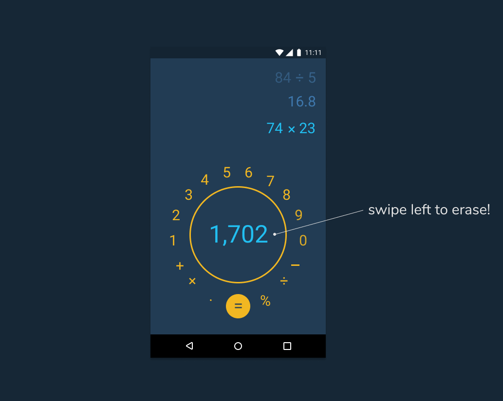 a screen shot of a navy blue calculator app which looks like a clockface