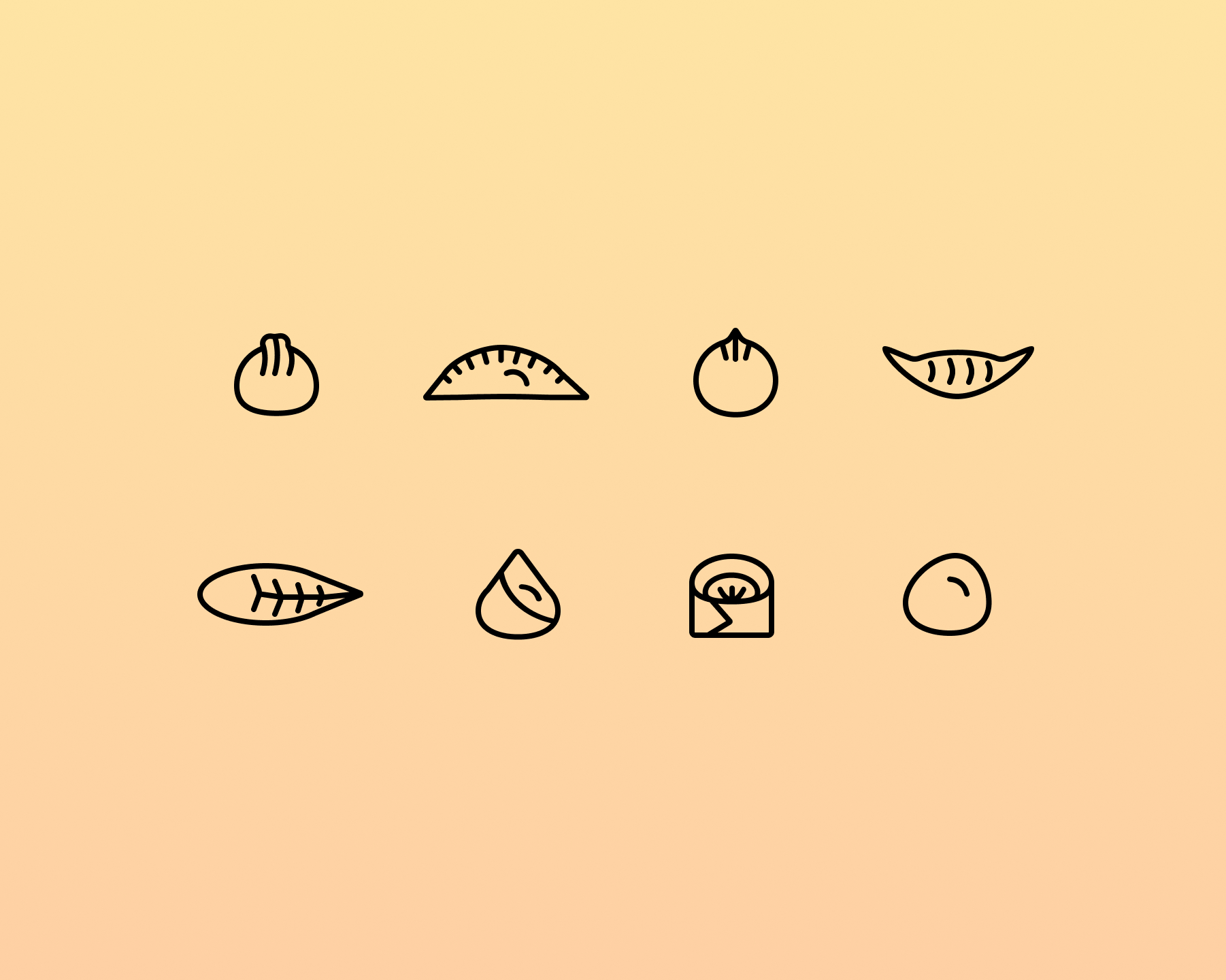 a set of icons depicting eight different dumplings