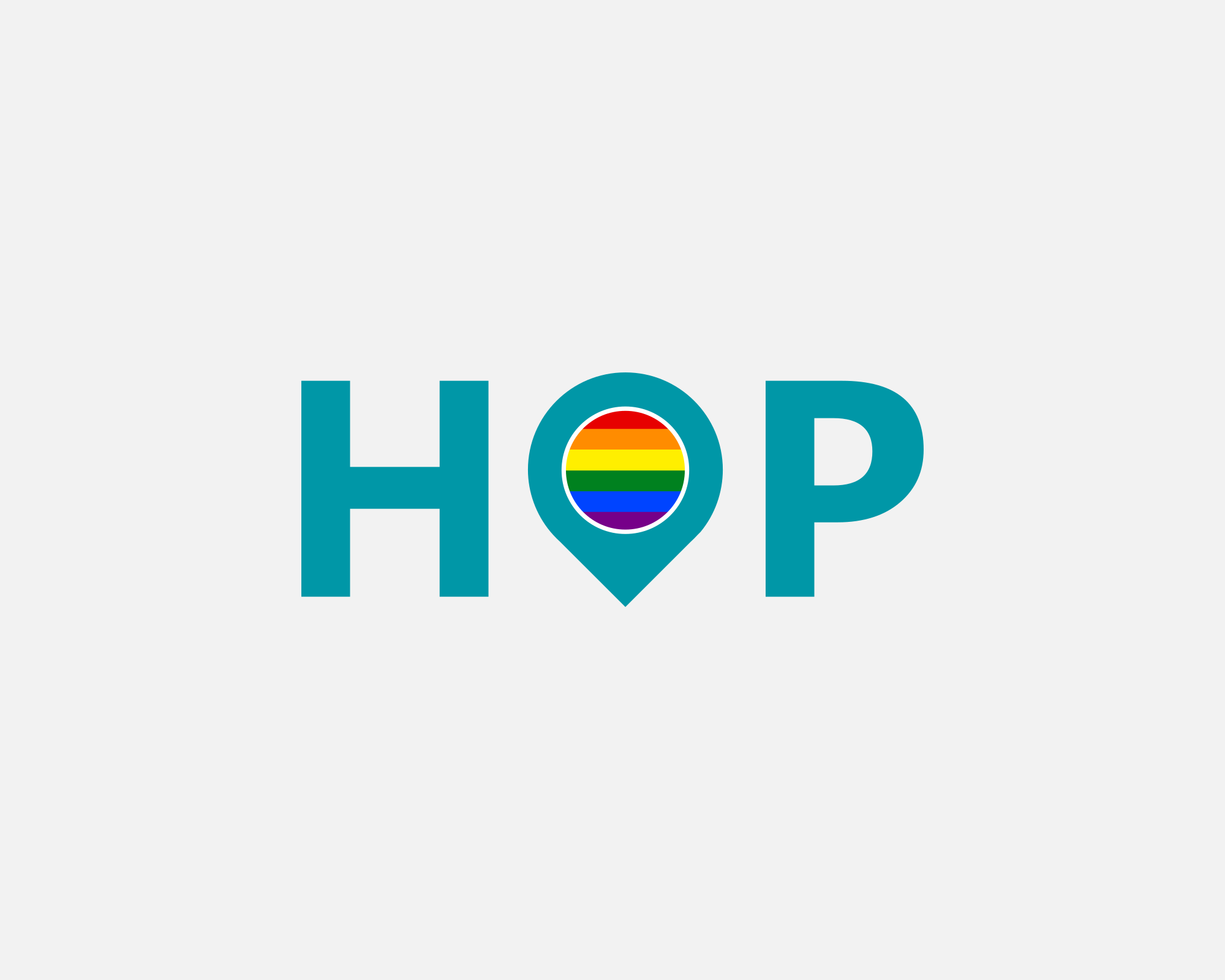 a teal icon which says 'hop', the 'o' is a map marker with rainbow colors