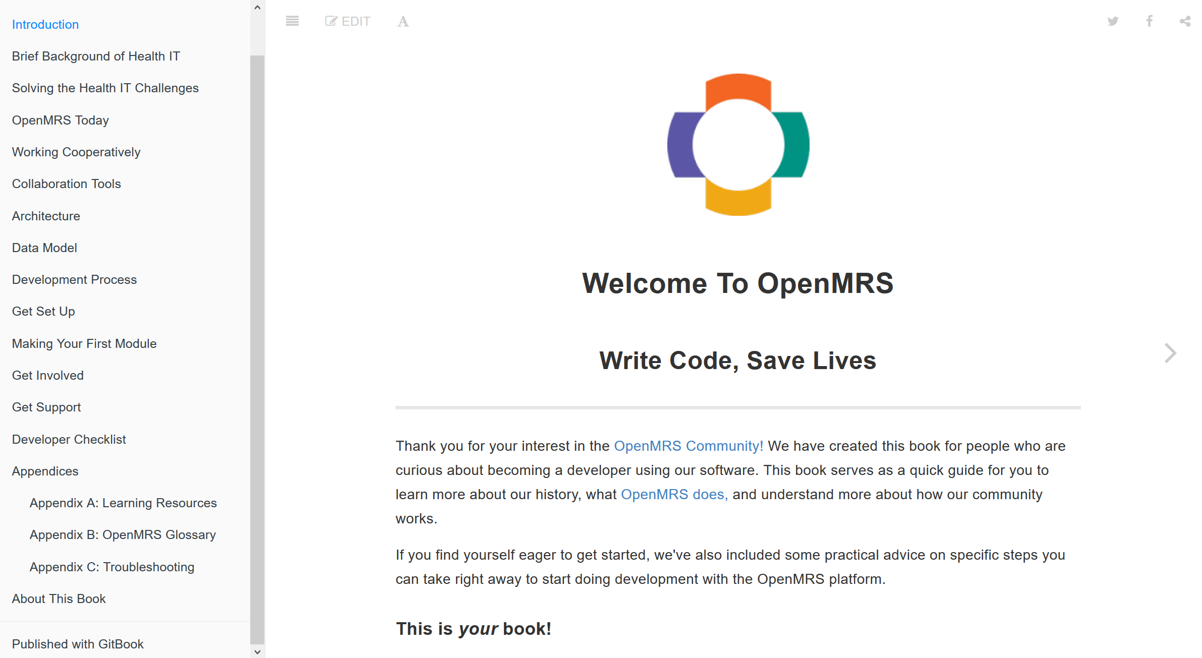 a screenshot of a website that says 'Welcome to OpenMRS. Write code, save lives.'