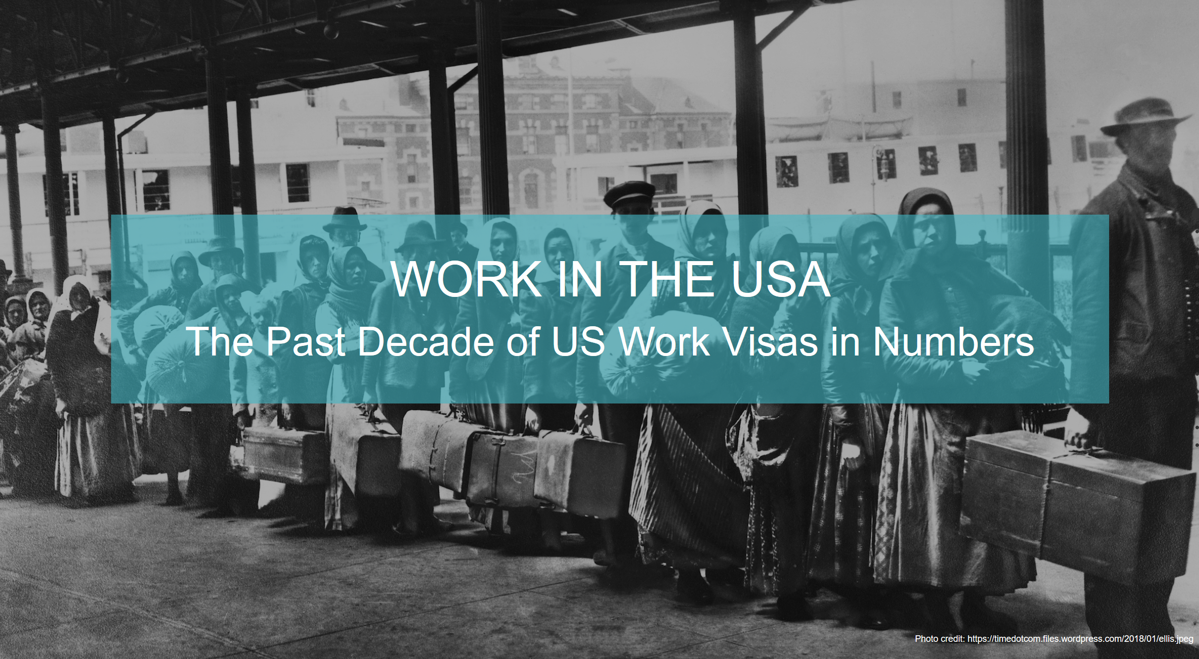 a black and white screenshot of a group of people at ellis island with overlayed text saying 'Work in the USA, the past decade of US workvisas in numbers'